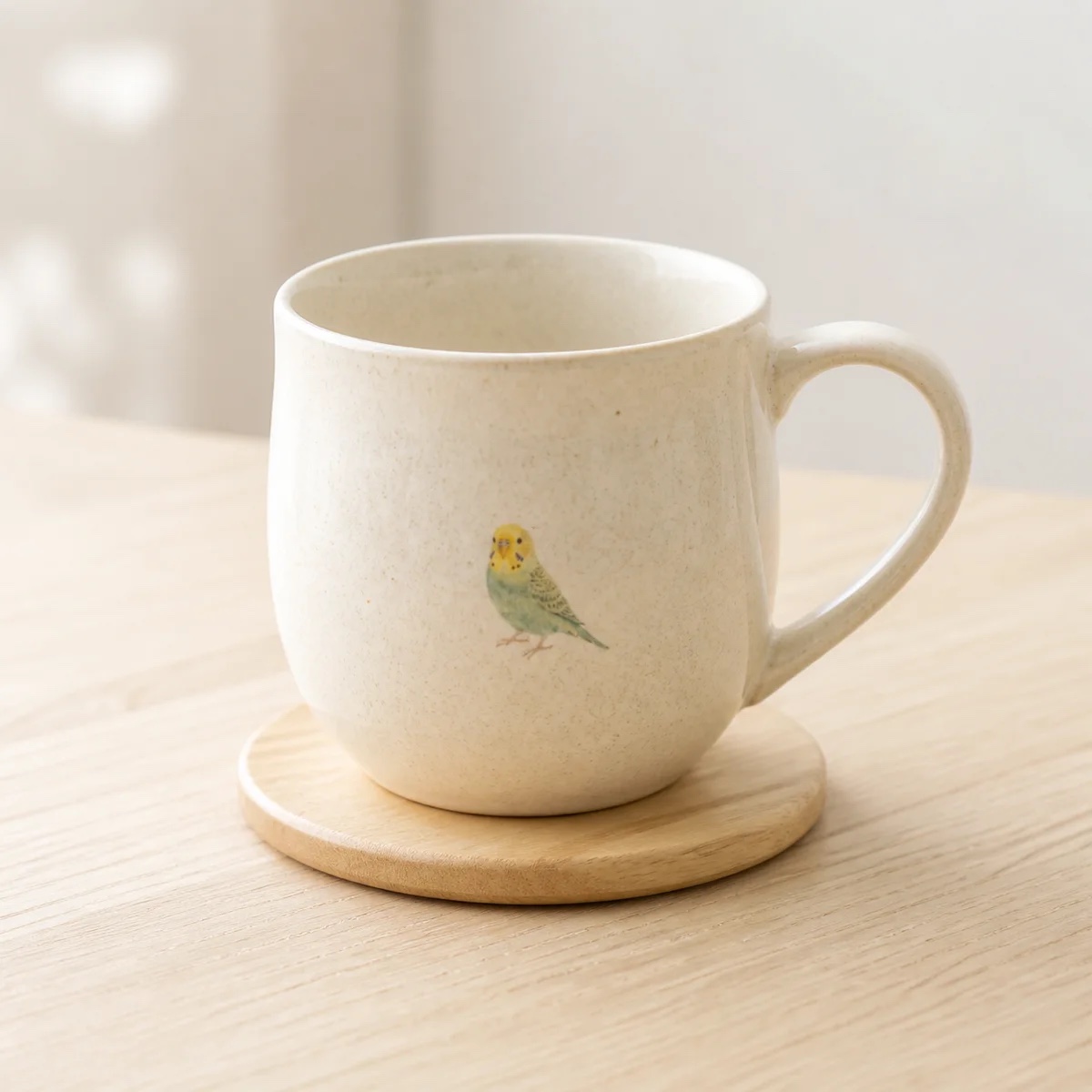小さな黄緑色のインコを描いた白いマグカップの企画イメージ