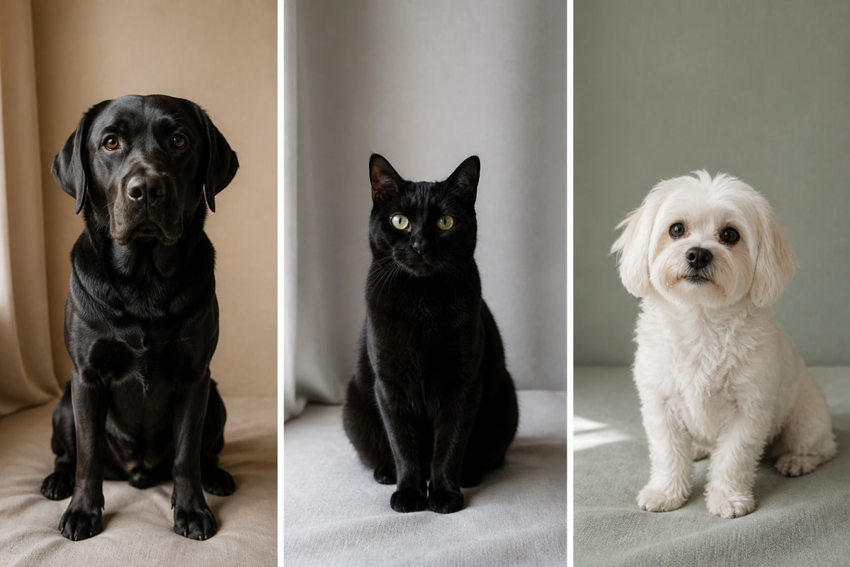 黒い犬、黒猫、白い犬をそれぞれ中間色の背景で撮影したAI制作の比較イメージ