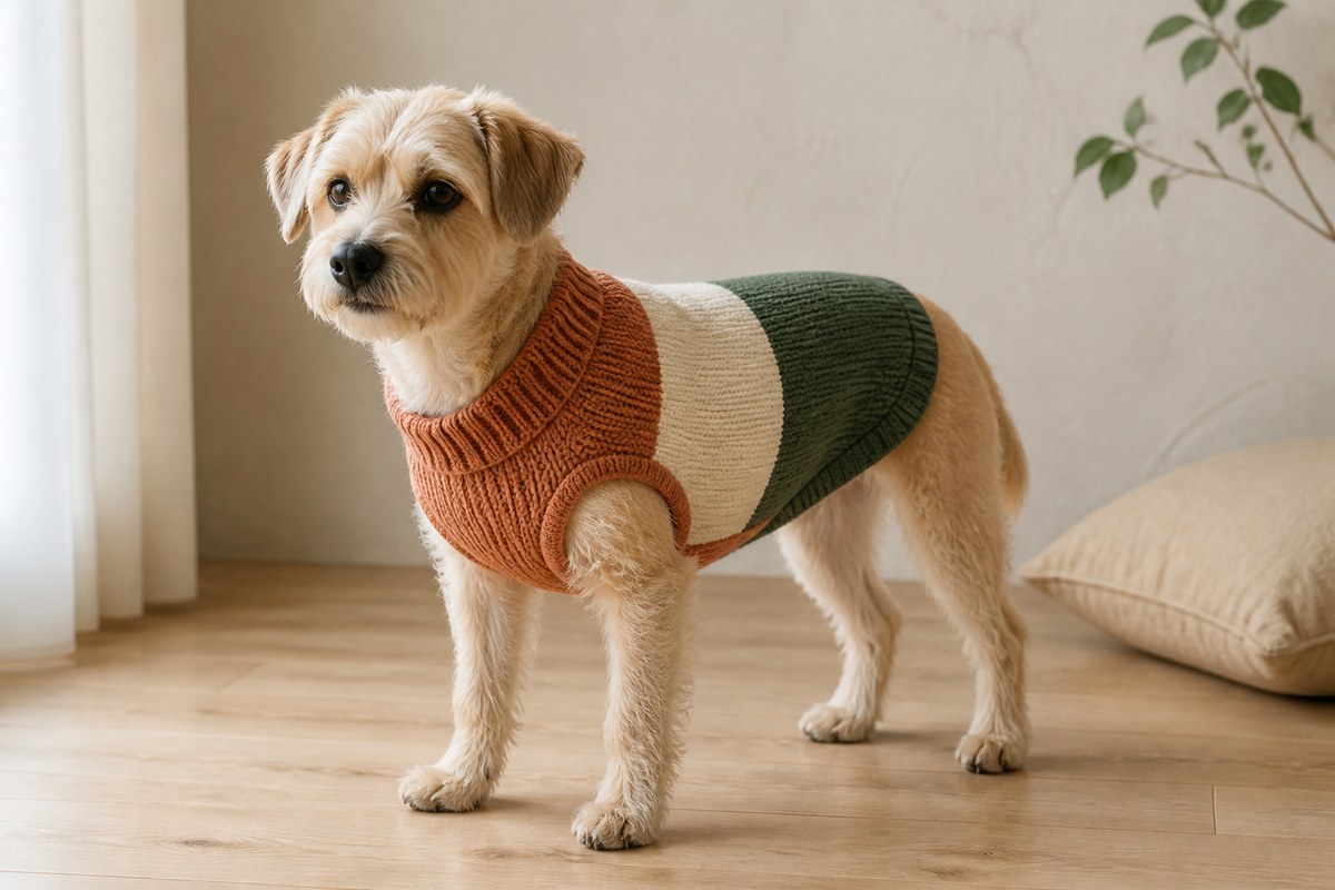 テラコッタ・生成り・深緑の犬服を着た犬を写したAI制作の編集イメージ