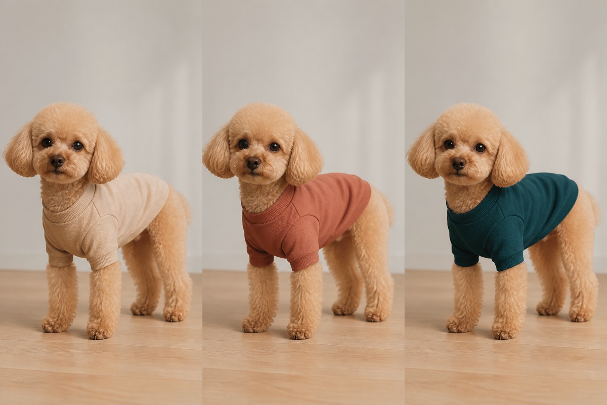 同じアプリコット色の犬がベージュ、テラコッタ、青緑の無地服を着た3つの配色を比べるAI制作例