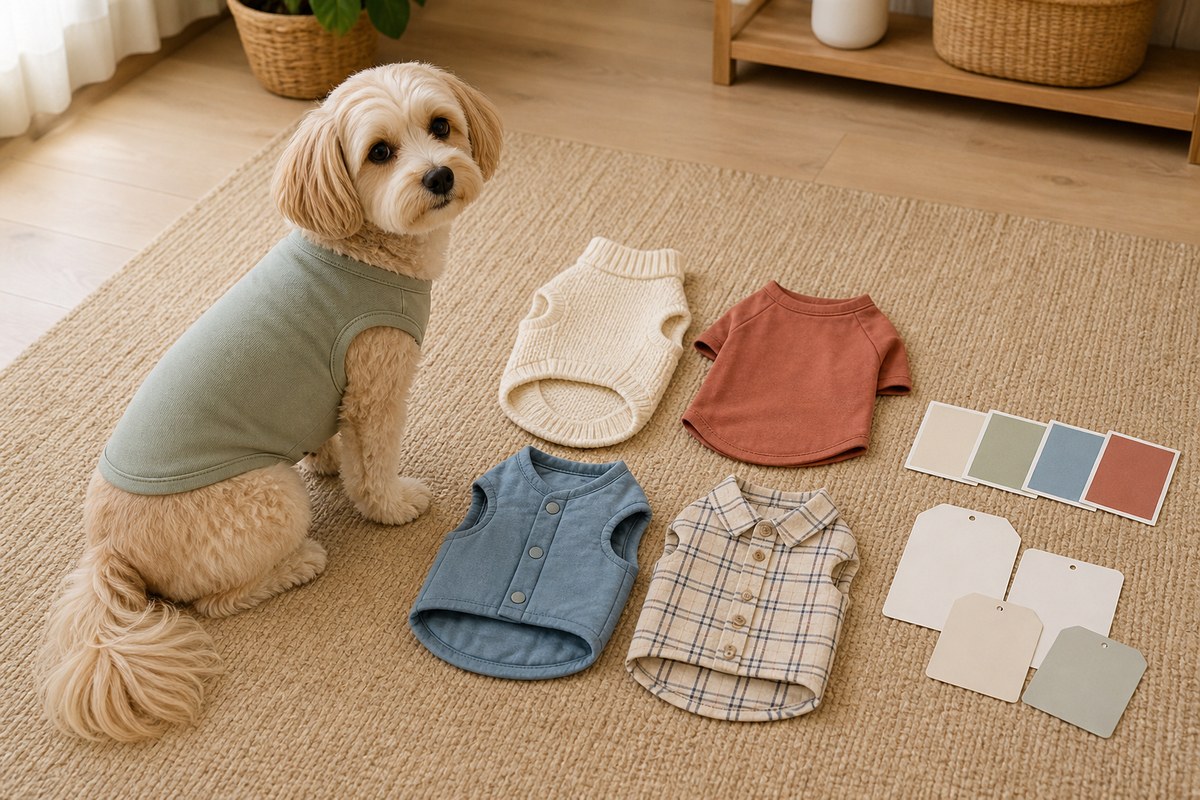 セージ色の犬服を着た犬と4着の犬服、無地カードを並べたAI制作の編集イメージ