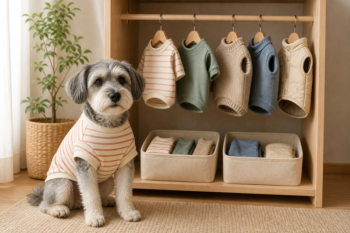 ストライプの犬服を着た犬と小さな犬服クローゼットのAI制作の編集イメージ