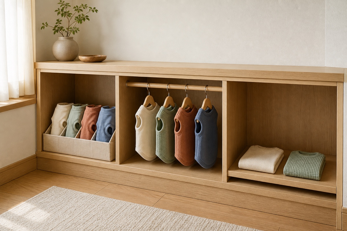 小さな収納棚で犬服を畳む、掛ける、少数だけ見せる3つの方法を並べたAI制作例