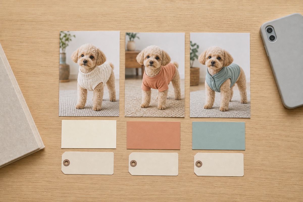 犬服3着の着用写真と色見本を同じ大きさで並べたコーデ候補ボードのAI制作例