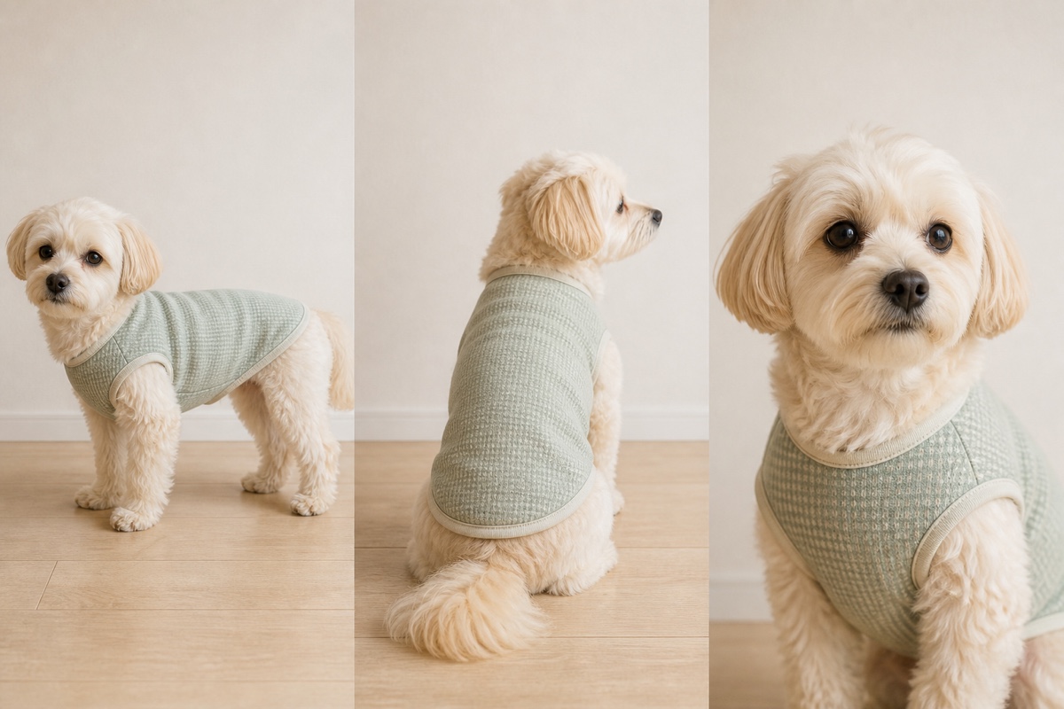 同じ犬服を全身、背中、顔と襟元の3方向から撮り分けたAI制作例