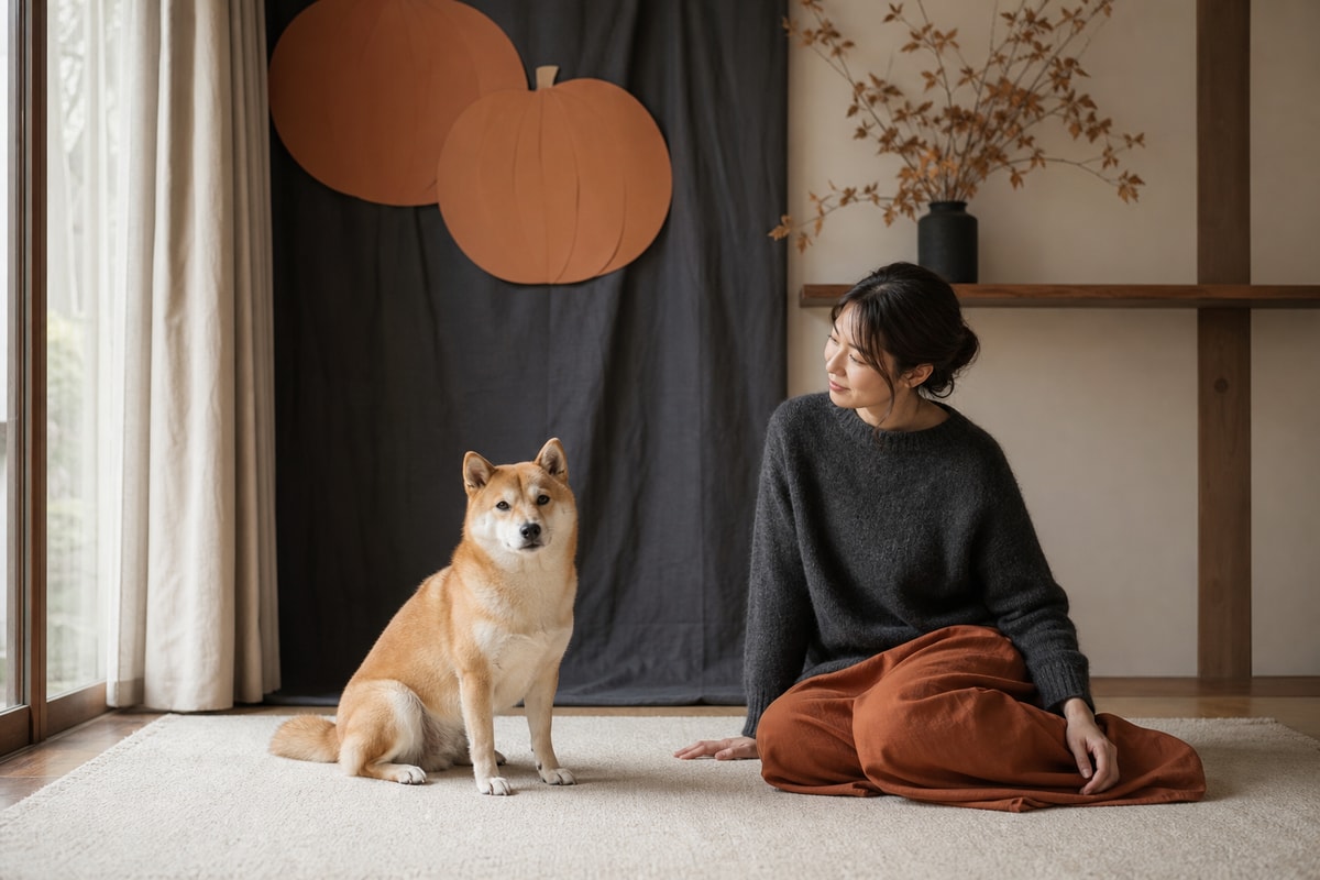 チャコール・生成り・くすみオレンジの背景で犬を撮影するAI制作イメージ
