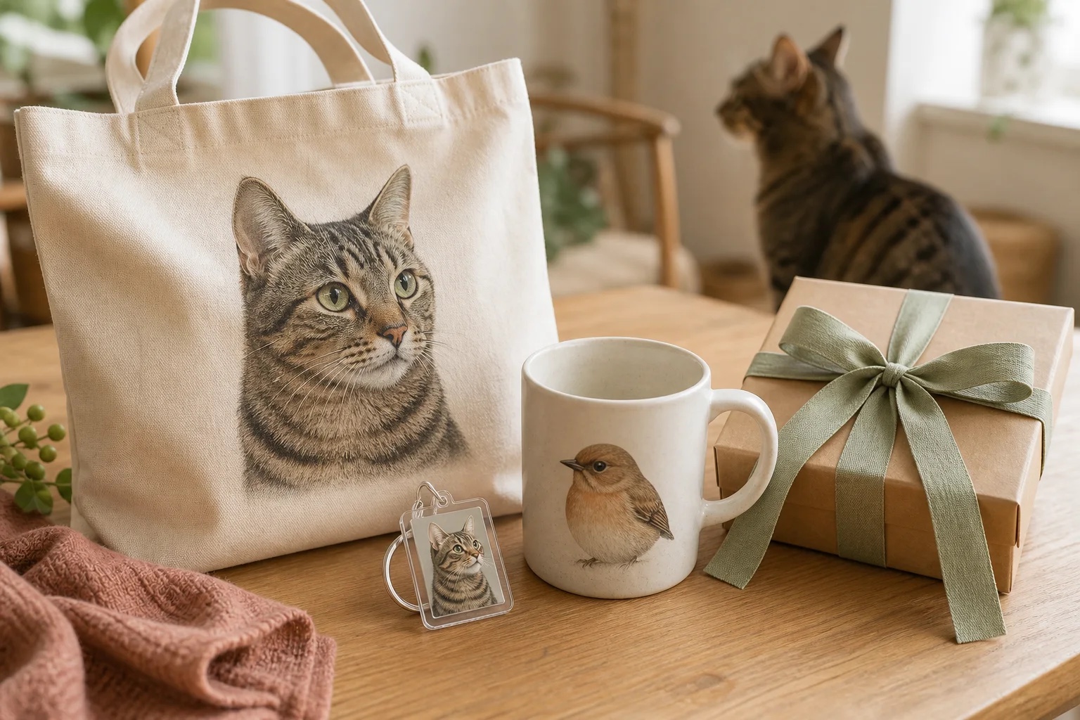 猫の写真入りトートやことりのマグを、リボンを添えて並べた贈りものの企画イメージ