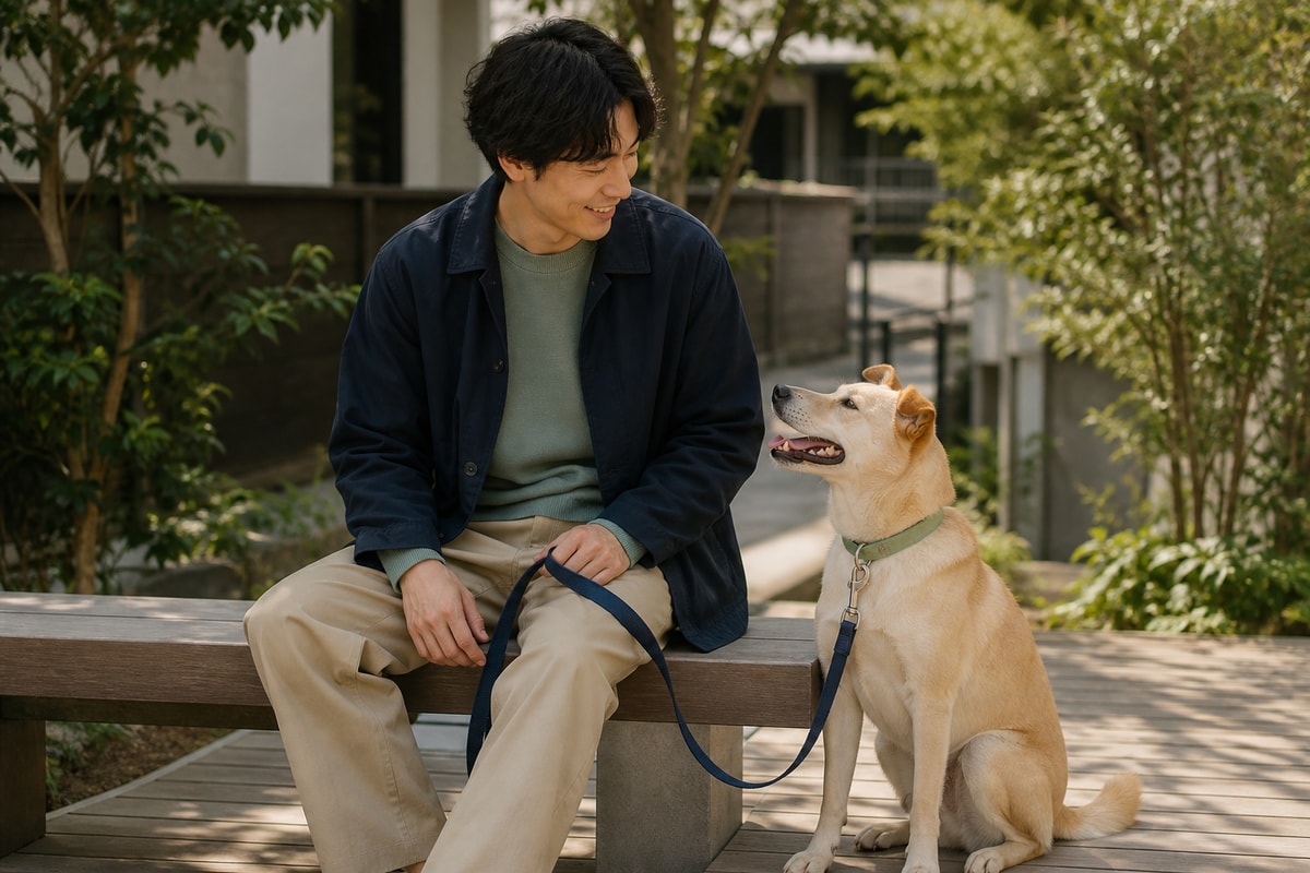 ネイビー・セージ・ベージュをさりげなく揃えた飼い主と犬のAI制作イメージ