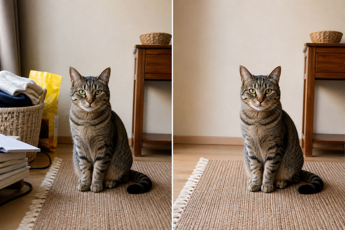 同じ猫と部屋で、生活用品が写る背景と整理した背景を左右に比べたAI制作イメージ