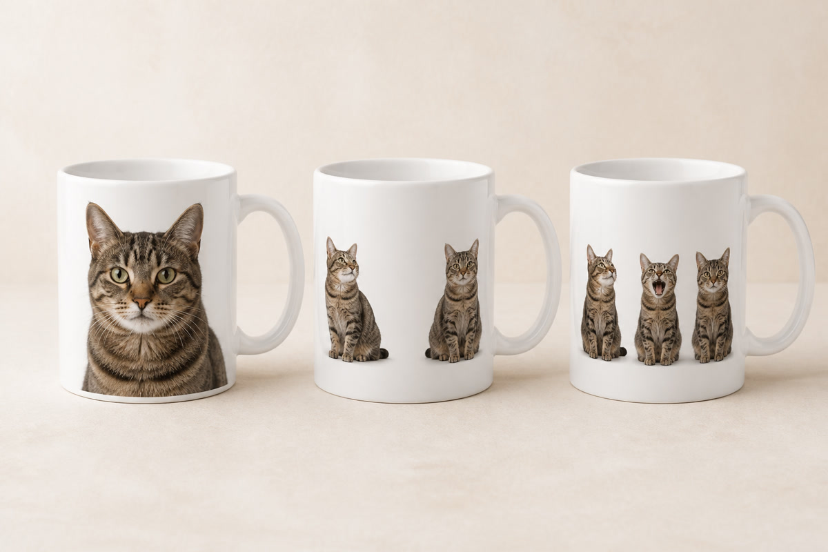 猫の写真を1枚、2枚、3枚で配置した白いマグカップ3点のAI制作比較イメージ