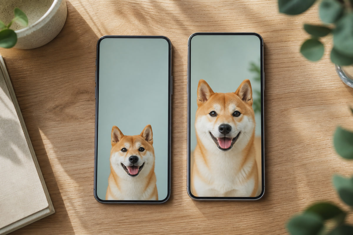 余白の異なる柴犬写真を2台のスマートフォン画面へ配置したAI制作イメージ