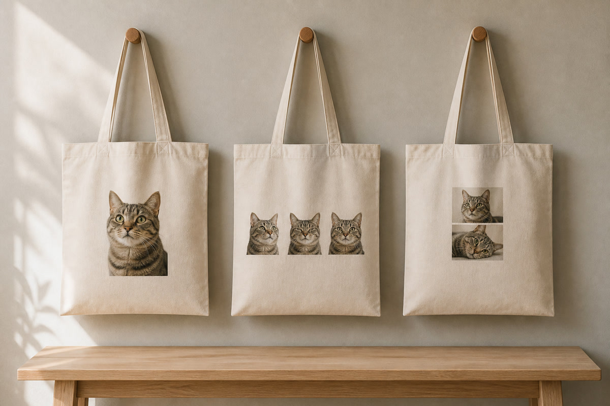 猫の写真を1枚、3枚、2枚で配置したキャンバストート3点のAI制作比較イメージ