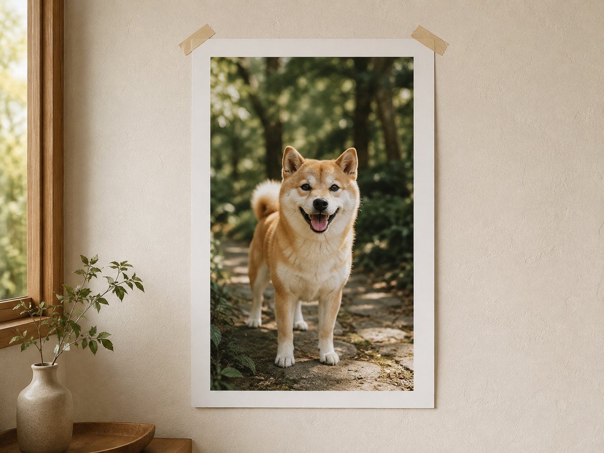 柴犬の写真ポスターを壁に飾ったAI商品企画イメージ。額縁はありません
