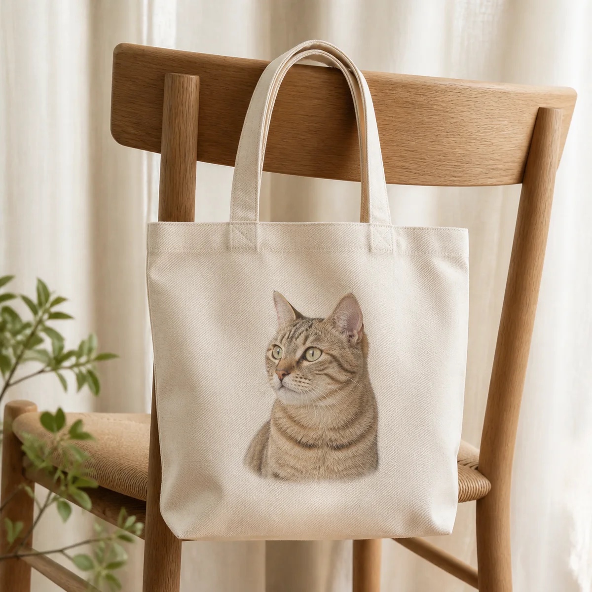 猫の写真をプリントした生成りのキャンバストートの企画イメージ